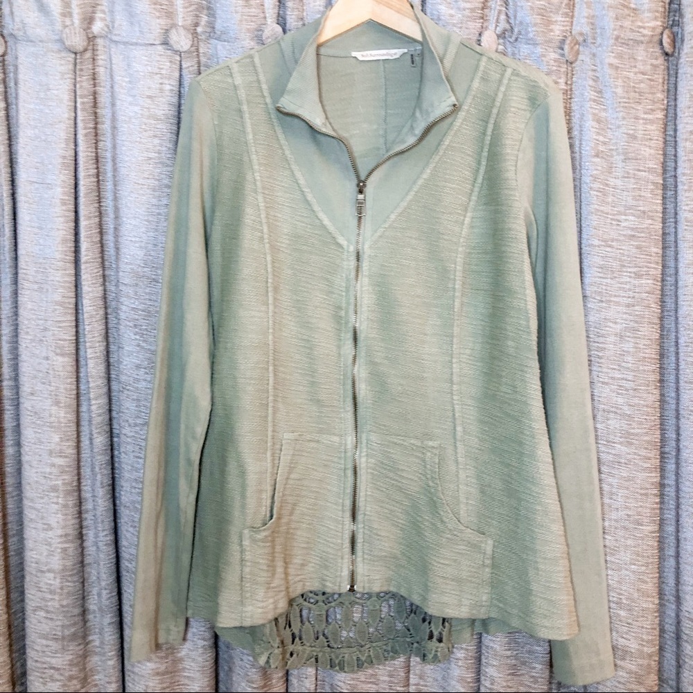 Soft Surroundings Green Zip Up Crochet Back Panel Lightweight Jacket Size Medium